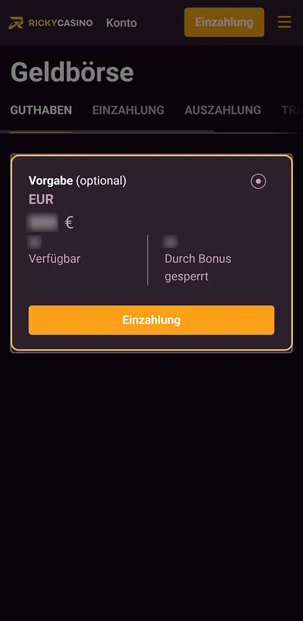 Überprüfen Sie Ihren Kontostand, nachdem Sie Ihr Konto bei Ricky Casino aufgeladen haben.